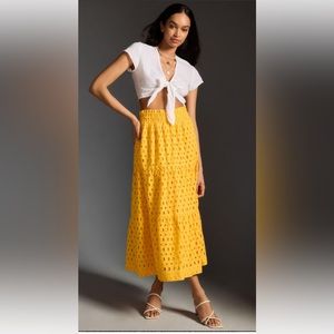 Anthropologie The Somerset Skirt Eyelet Edition Elastic Waist Mango Gold